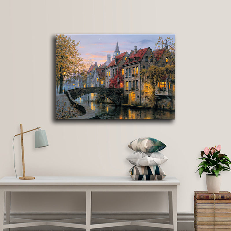 Red Autumn Scenery Painting Bridge to Houses Modern Textured Canvas Wall Art for Home