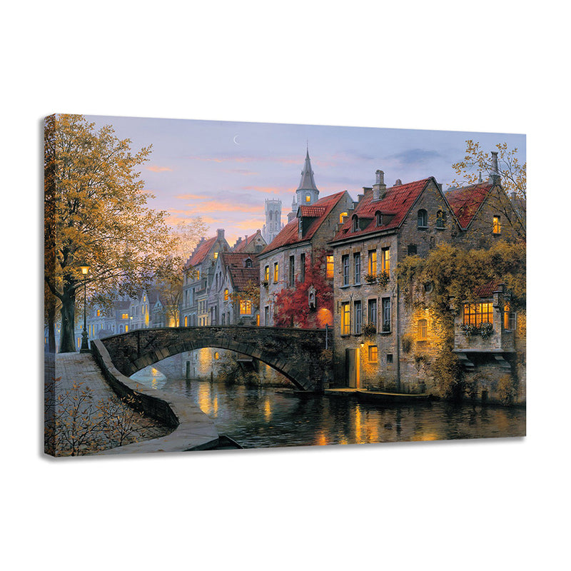 Red Autumn Scenery Painting Bridge to Houses Modern Textured Canvas Wall Art for Home