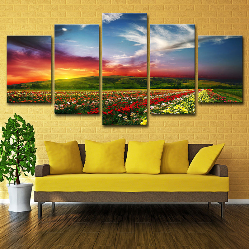 Enchanting Evening Glow Wall Decor House Interior Blooming Flower Farm Canvas Art in Red