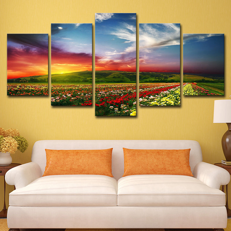 Enchanting Evening Glow Wall Decor House Interior Blooming Flower Farm Canvas Art in Red