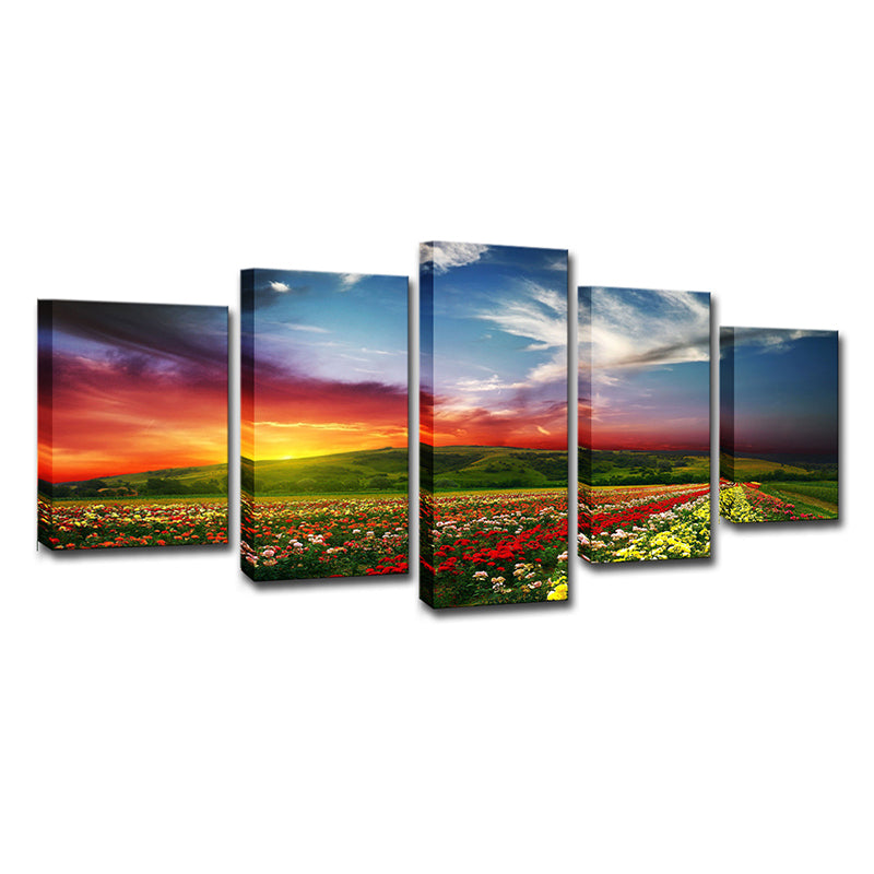 Enchanting Evening Glow Wall Decor House Interior Blooming Flower Farm Canvas Art in Red