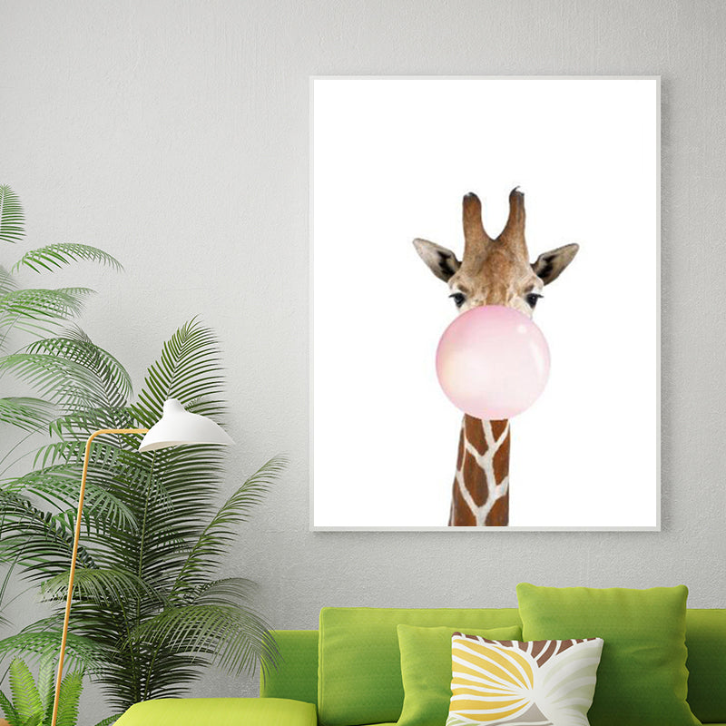 Illustration Childrens Art Wall Decor with Animal Chewing Bubble Gum Pattern in Soft Color