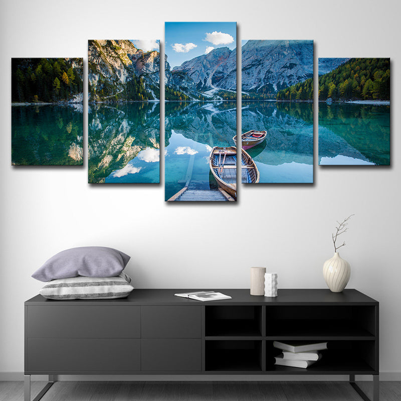 Modernism Canvas Wall Art Blue Lake Reflection of Mountain and Boat Scenery Wall Decor