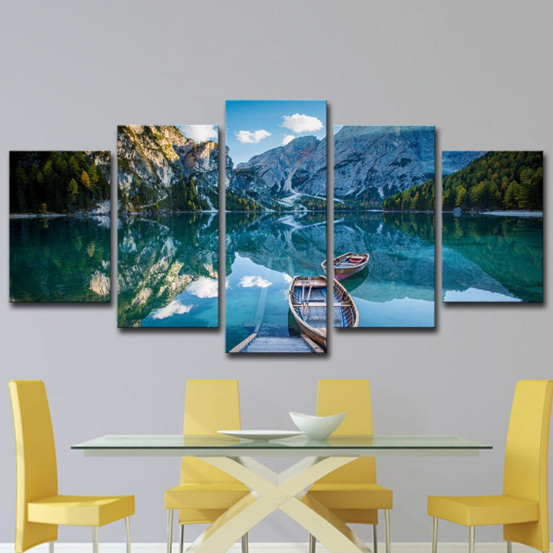 Modernism Canvas Wall Art Blue Lake Reflection of Mountain and Boat Scenery Wall Decor