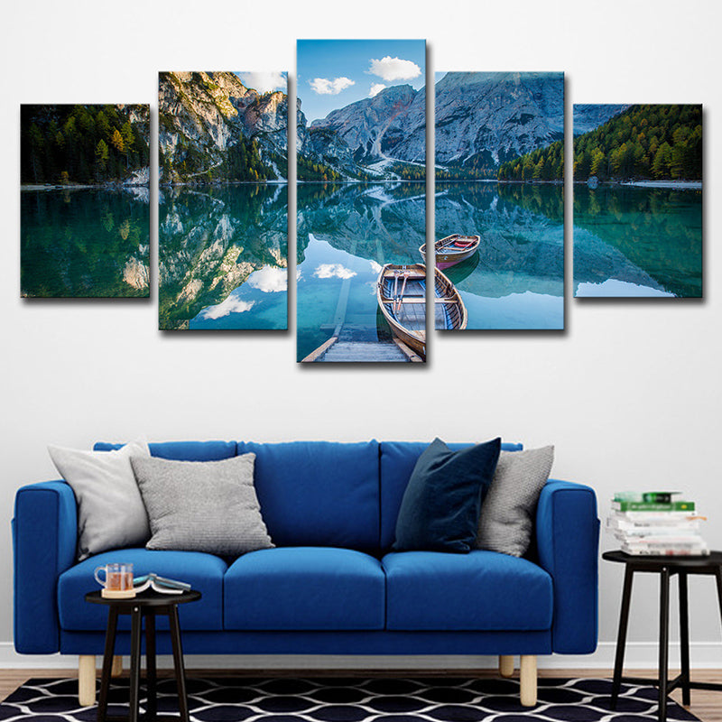 Modernism Canvas Wall Art Blue Lake Reflection of Mountain and Boat Scenery Wall Decor