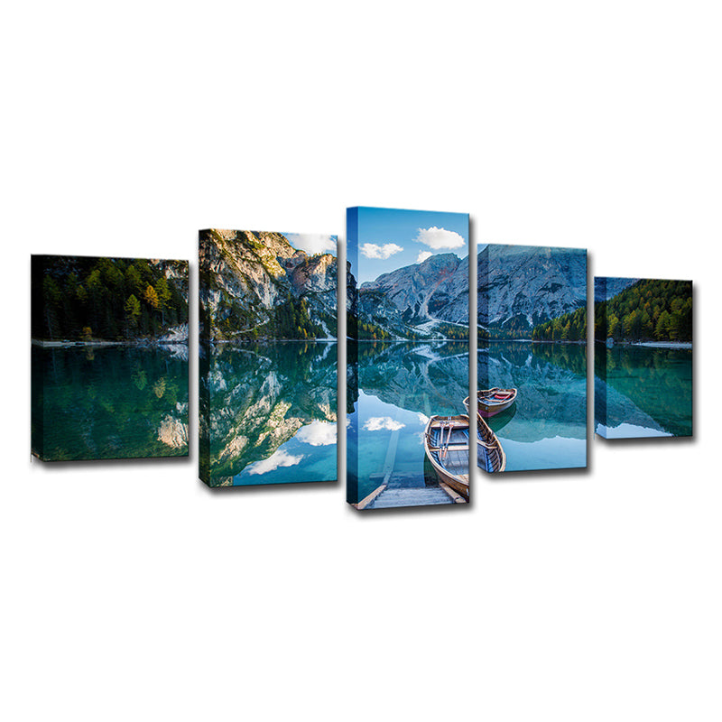 Modernism Canvas Wall Art Blue Lake Reflection of Mountain and Boat Scenery Wall Decor