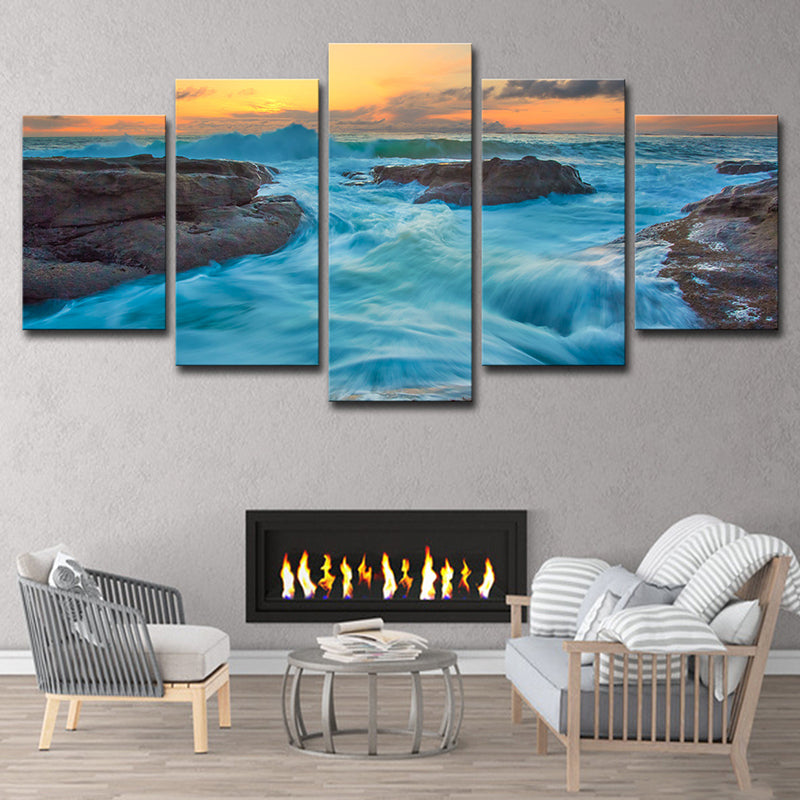 Nightfall Seascape Rushing Water Art Print Modern Canvas Wall Decor in Ocean Blue