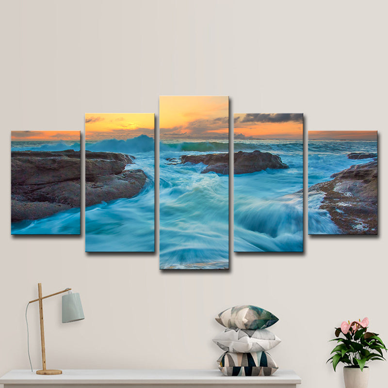 Nightfall Seascape Rushing Water Art Print Modern Canvas Wall Decor in Ocean Blue