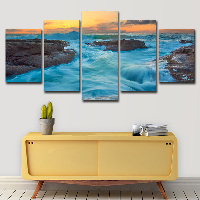 Nightfall Seascape Rushing Water Art Print Modern Canvas Wall Decor in Ocean Blue