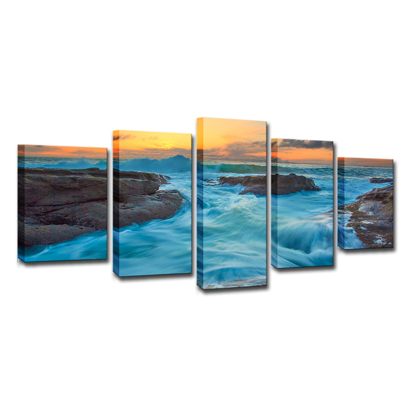 Nightfall Seascape Rushing Water Art Print Modern Canvas Wall Decor in Ocean Blue