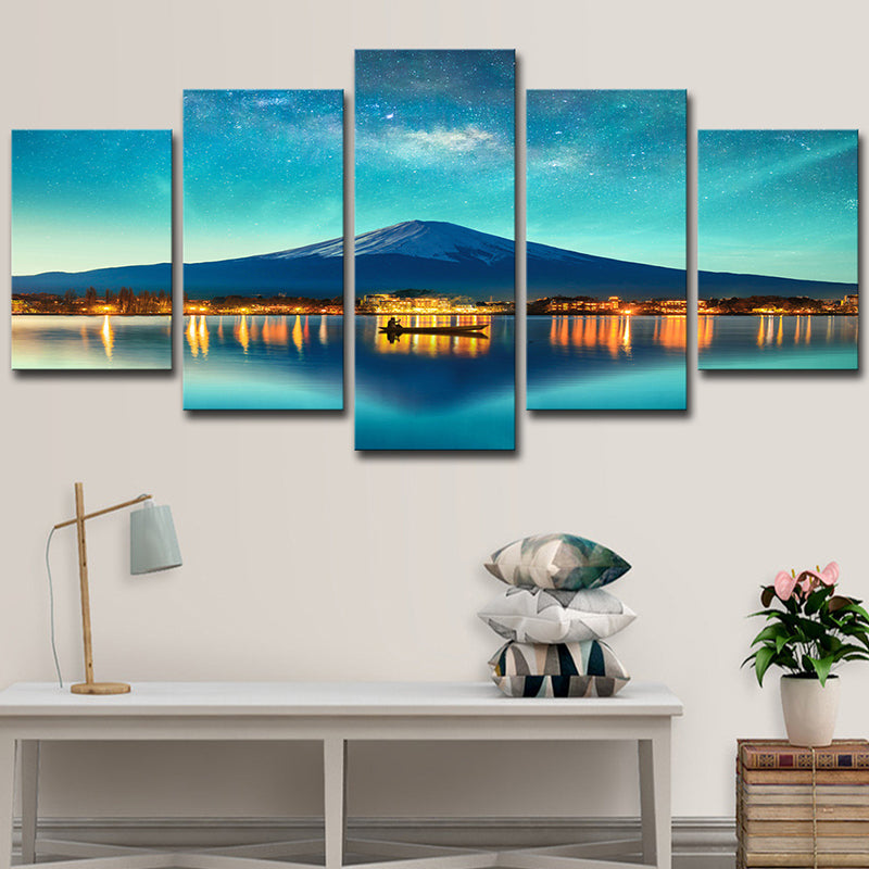 Blue Starry Night Sky Art Print Cone Mountain Landscape Modern Multi-Piece Wall Decor