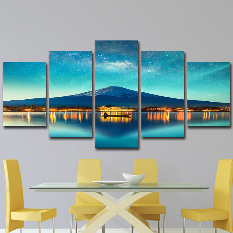 Blue Starry Night Sky Art Print Cone Mountain Landscape Modern Multi-Piece Wall Decor