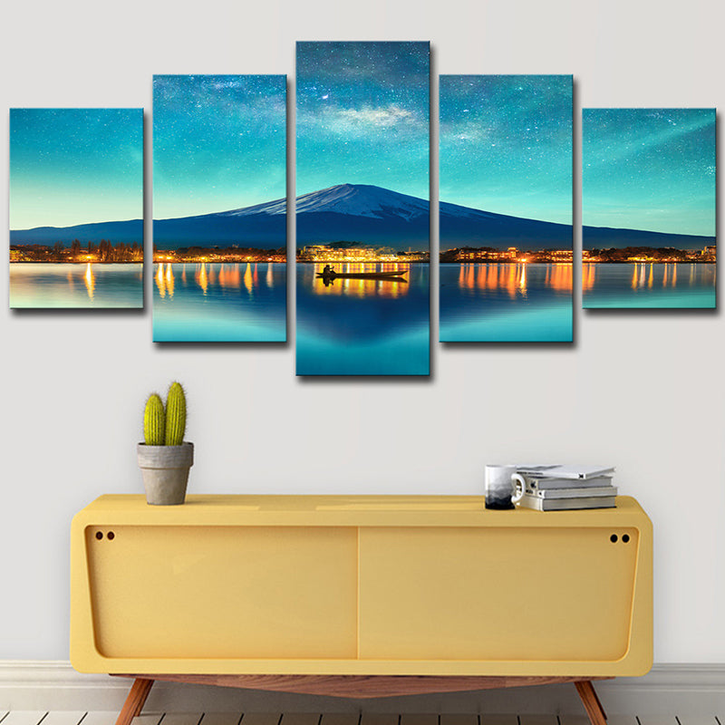 Blue Starry Night Sky Art Print Cone Mountain Landscape Modern Multi-Piece Wall Decor