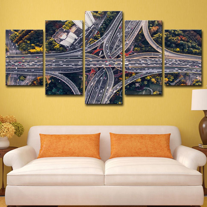 Canvas Black Wall Decor Urban Aerial View of City Crossroad Wall Art Set for Living Room