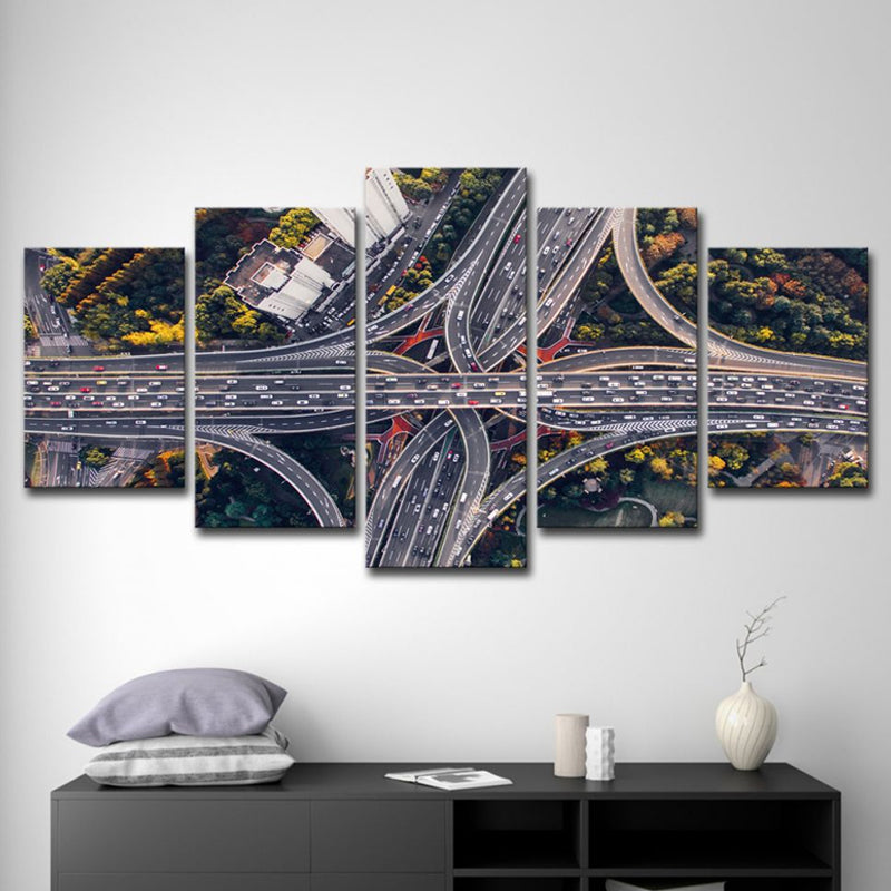 Canvas Black Wall Decor Urban Aerial View of City Crossroad Wall Art Set for Living Room