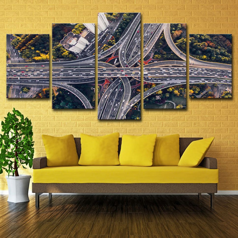 Canvas Black Wall Decor Urban Aerial View of City Crossroad Wall Art Set for Living Room