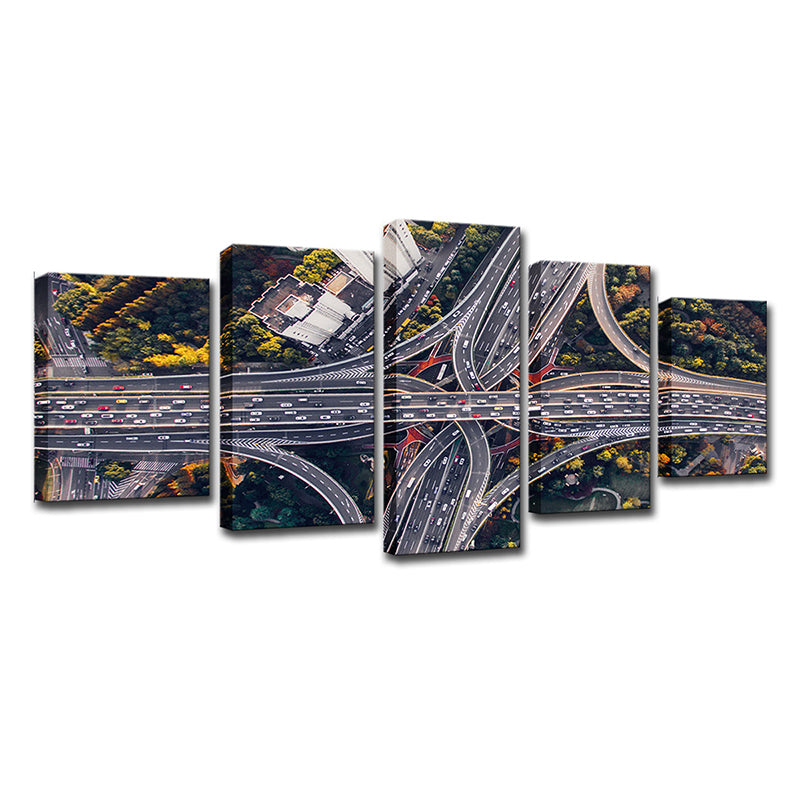 Canvas Black Wall Decor Urban Aerial View of City Crossroad Wall Art Set for Living Room