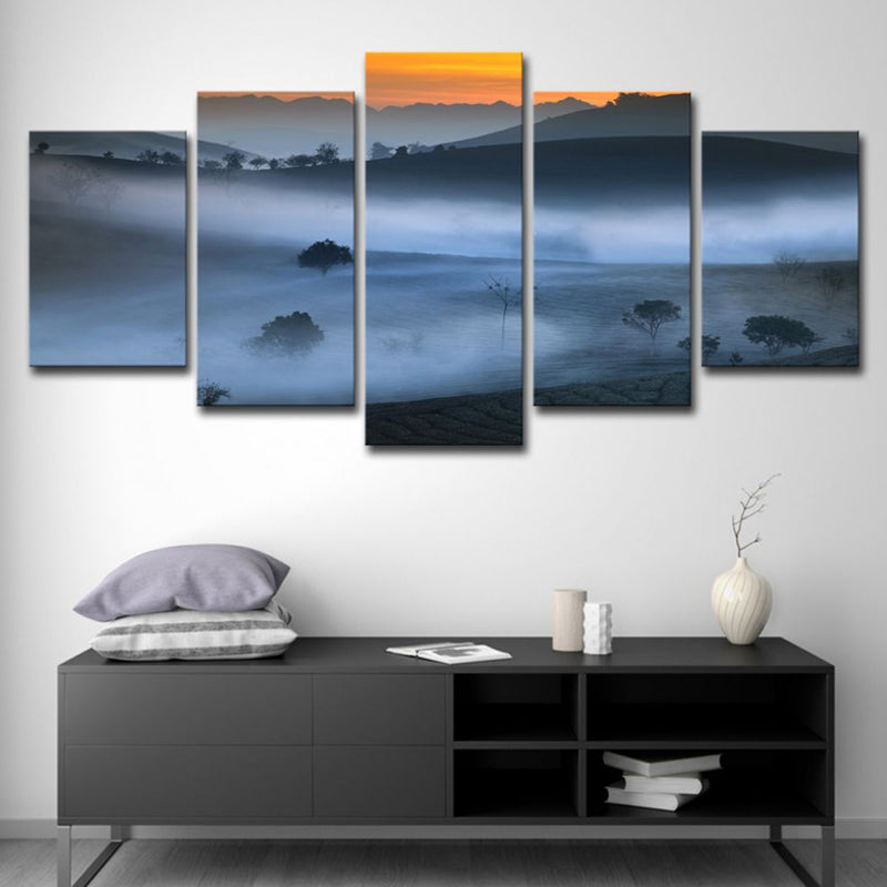 Blue Foggy Land Wall Decor Scenery Modernism Multi-Piece Canvas Art for Dining Room