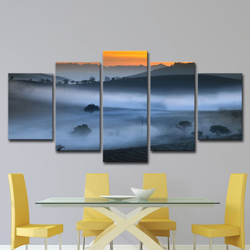 Blue Foggy Land Wall Decor Scenery Modernism Multi-Piece Canvas Art for Dining Room