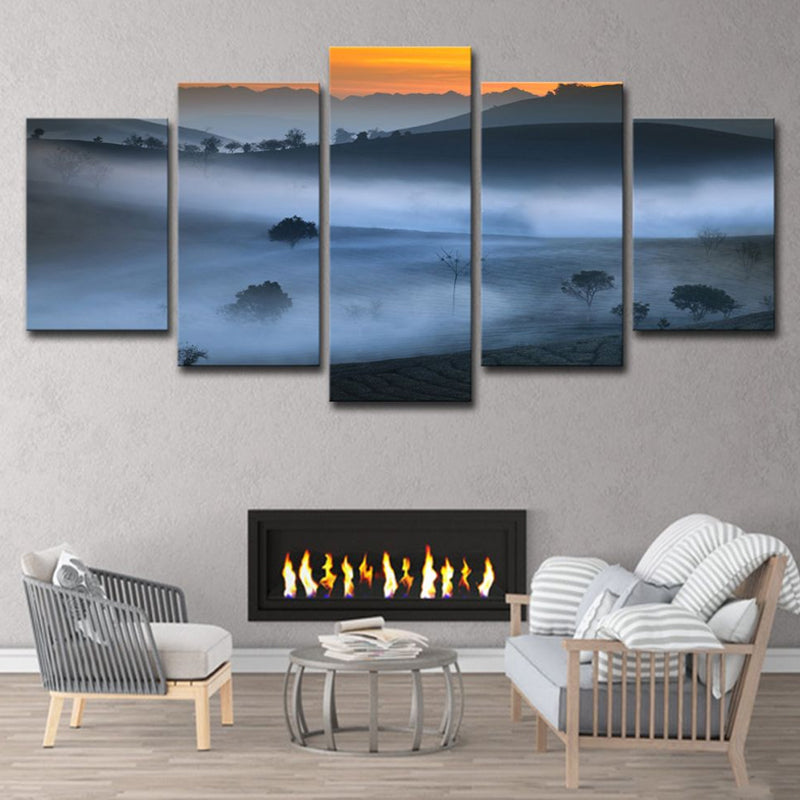 Blue Foggy Land Wall Decor Scenery Modernism Multi-Piece Canvas Art for Dining Room