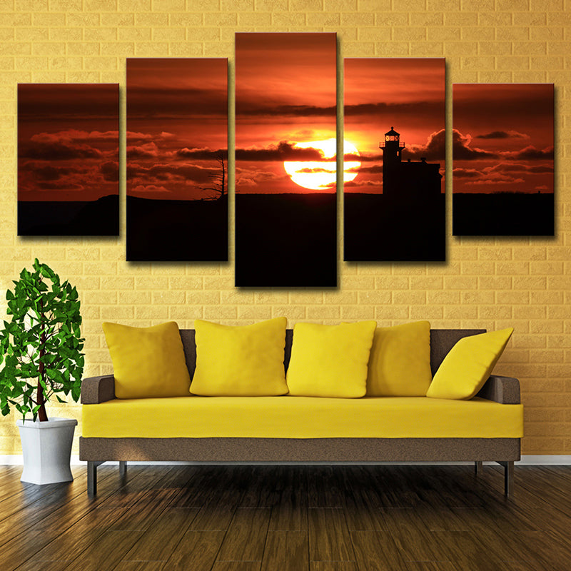 Modern Canvas Wall Art in Red Big Sunset Behind the Cloud Wall Decor for Living Room