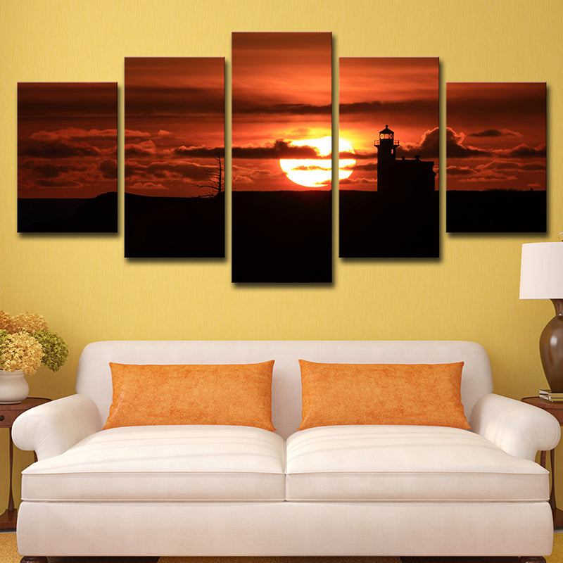 Modern Canvas Wall Art in Red Big Sunset Behind the Cloud Wall Decor for Living Room