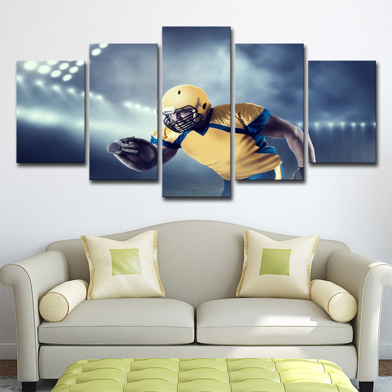 Man Wearing Rugby Helmet Art Print Contemporary Canvas Wall Decor in Yellow for Boys Room