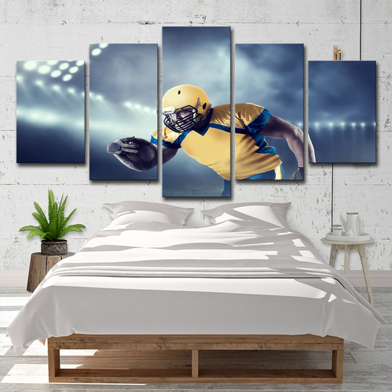 Man Wearing Rugby Helmet Art Print Contemporary Canvas Wall Decor in Yellow for Boys Room