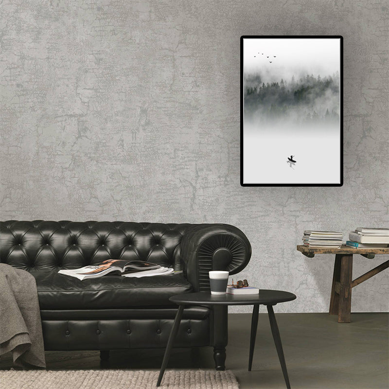 Light-Color Asian Wall Art Boat Floats on Lake by the Foggy Forest Canvas Print for Dining Room