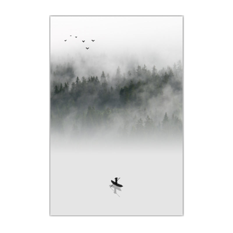 Light-Color Asian Wall Art Boat Floats on Lake by the Foggy Forest Canvas Print for Dining Room