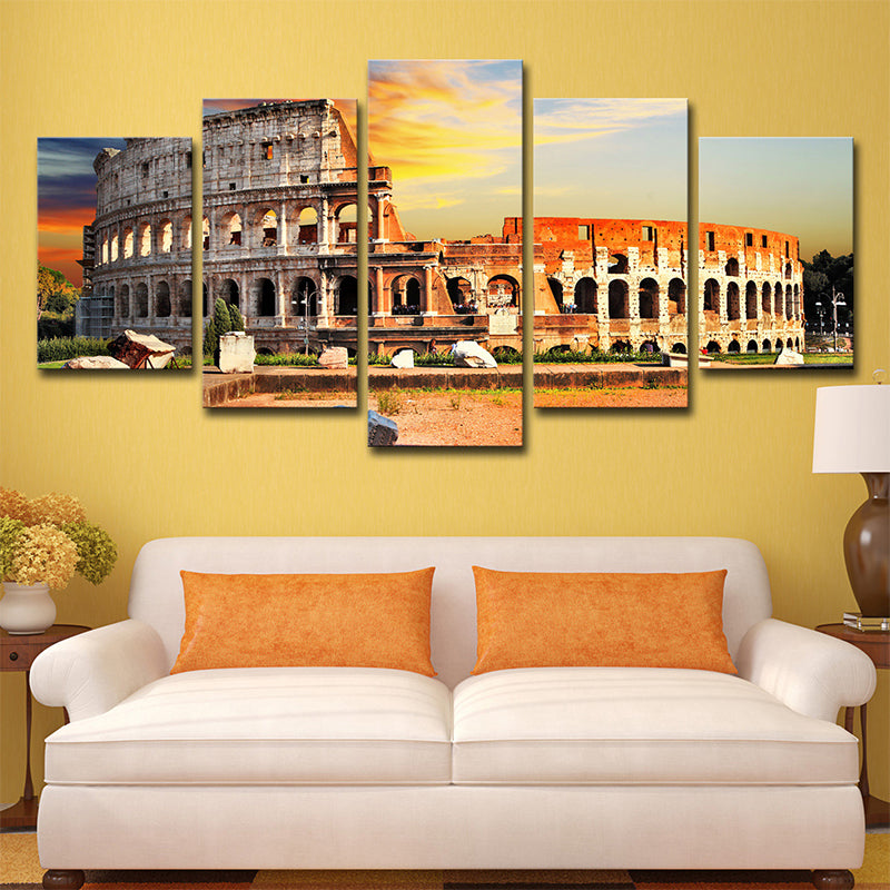 Orange Colosseum Sunset Scenery Canvas Multi-Piece Global Inspired Parlor Wall Art