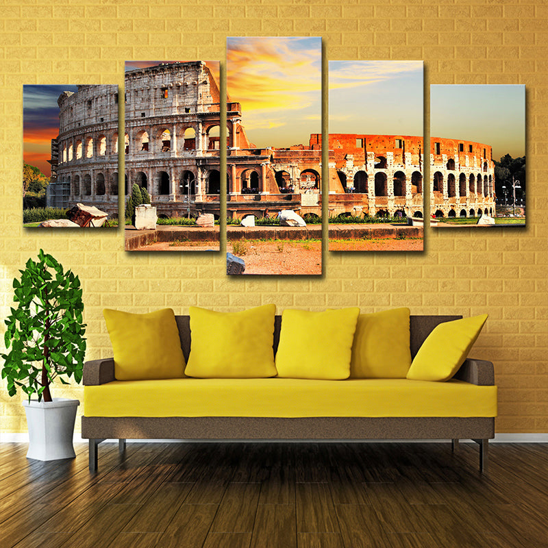 Orange Colosseum Sunset Scenery Canvas Multi-Piece Global Inspired Parlor Wall Art