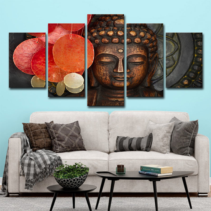 Red Buddhist Sculpture Canvas Art Religion Modern Multi-Piece Wall Decor for Parlor