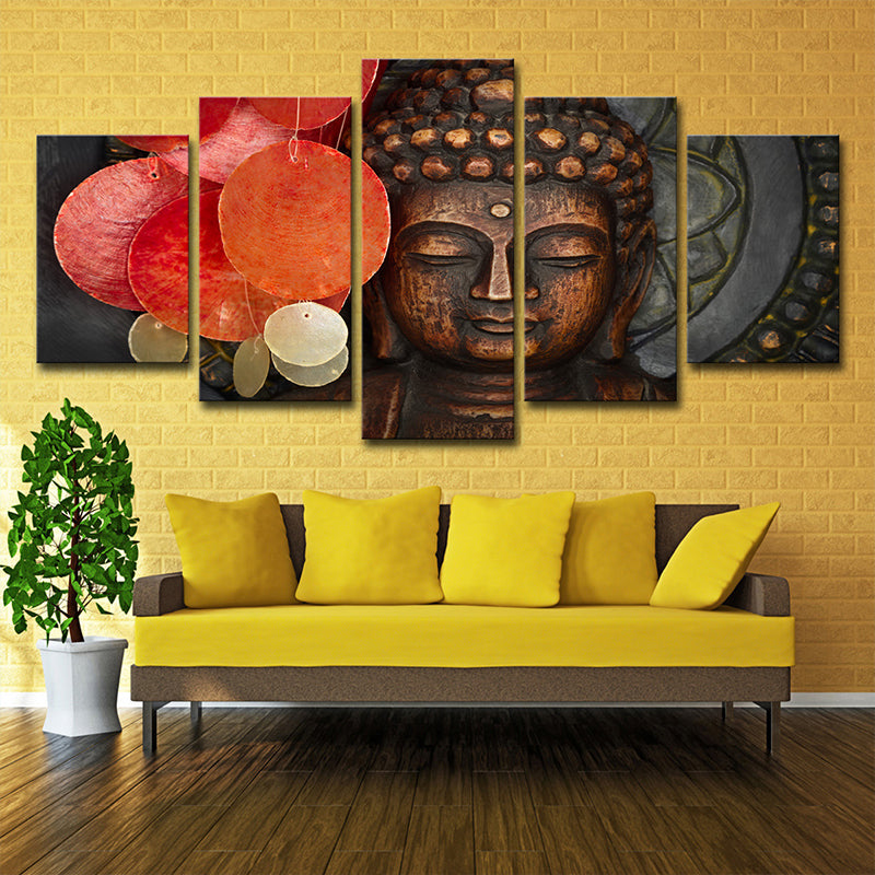 Red Buddhist Sculpture Canvas Art Religion Modern Multi-Piece Wall Decor for Parlor