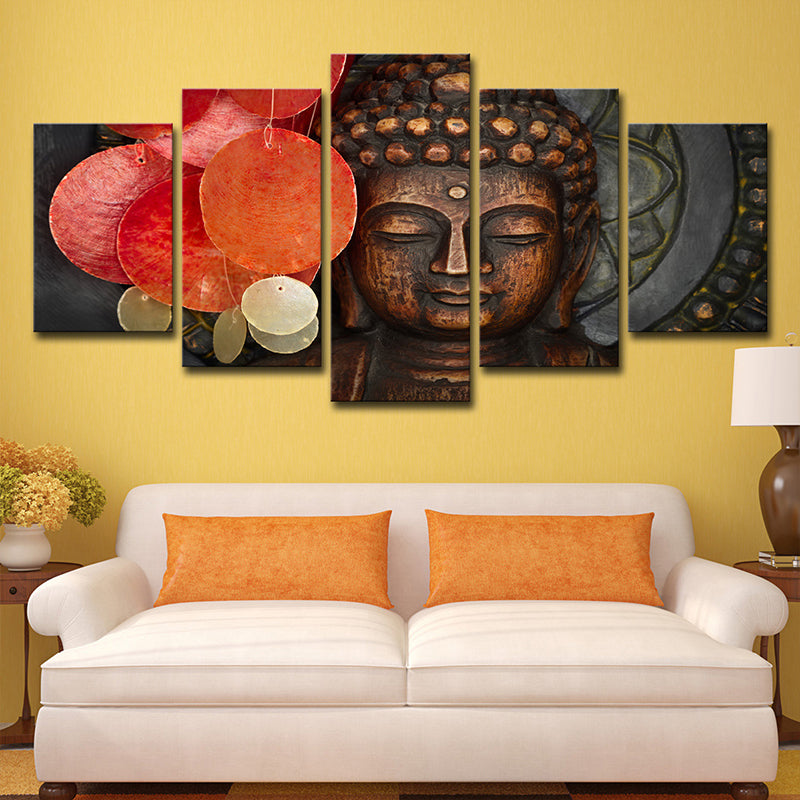 Red Buddhist Sculpture Canvas Art Religion Modern Multi-Piece Wall Decor for Parlor