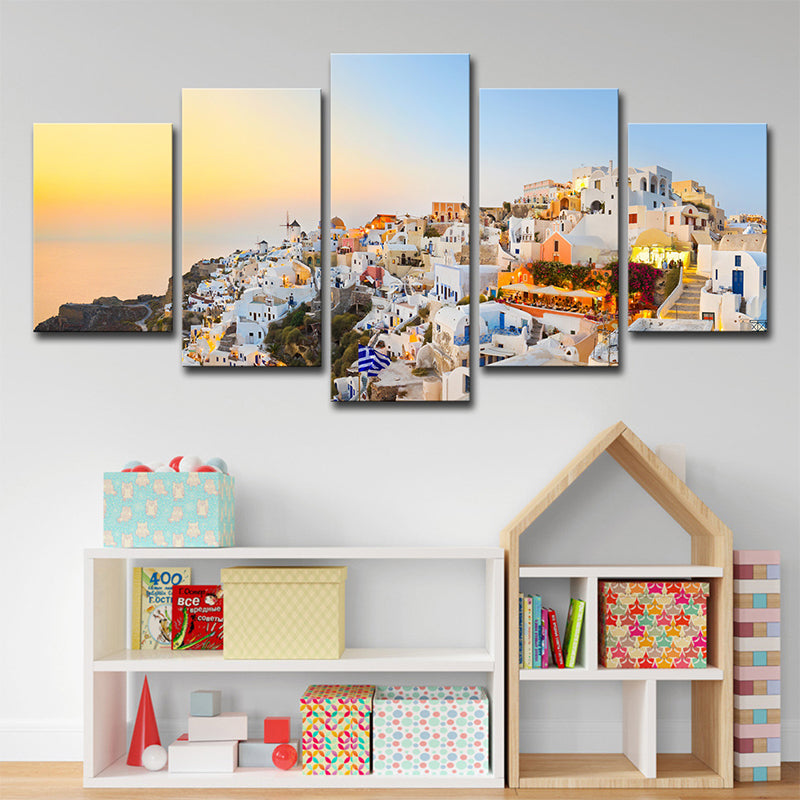 Santorini Island Sundown Scenery Canvas White Global Inspired Wall Art for Bedroom