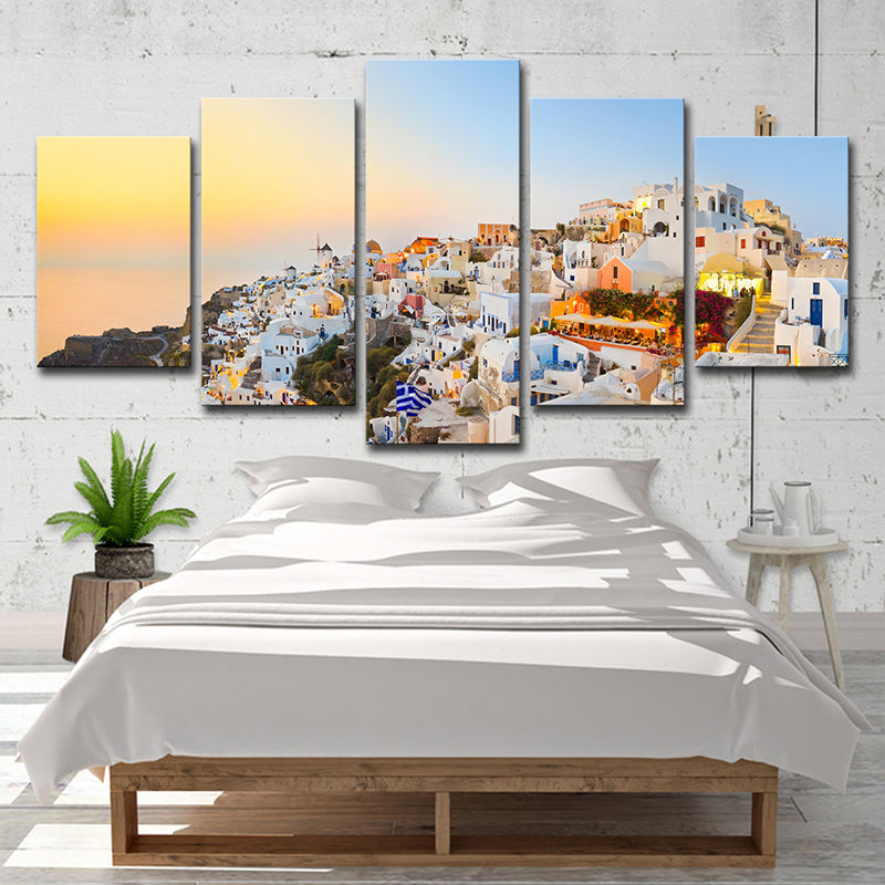 Santorini Island Sundown Scenery Canvas White Global Inspired Wall Art for Bedroom