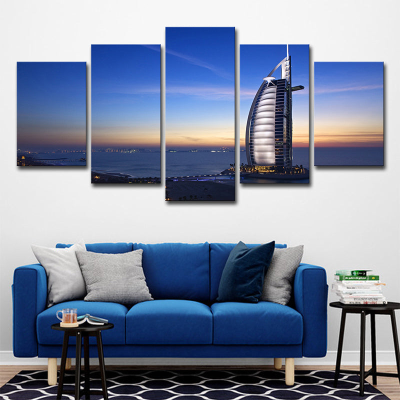 Landmark Wall Art Decor for Room Burj Al Arab Hotel at Sunset Canvas in Blue, Multi-Piece