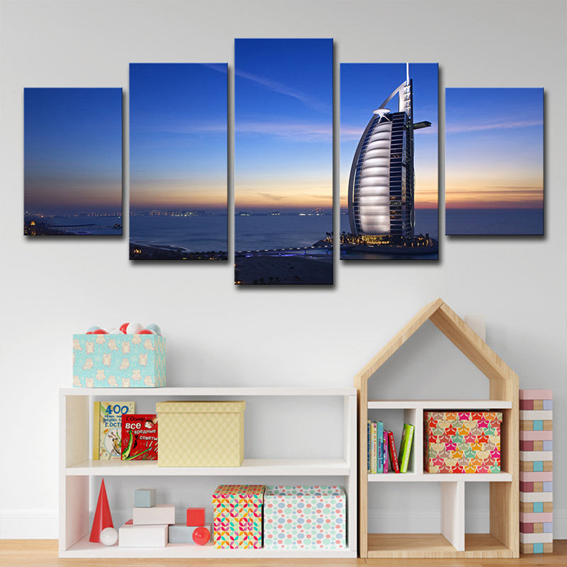 Landmark Wall Art Decor for Room Burj Al Arab Hotel at Sunset Canvas in Blue, Multi-Piece