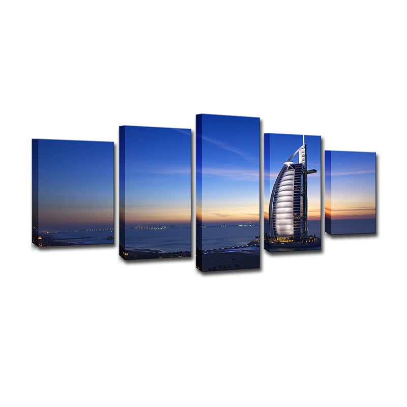 Landmark Wall Art Decor for Room Burj Al Arab Hotel at Sunset Canvas in Blue, Multi-Piece