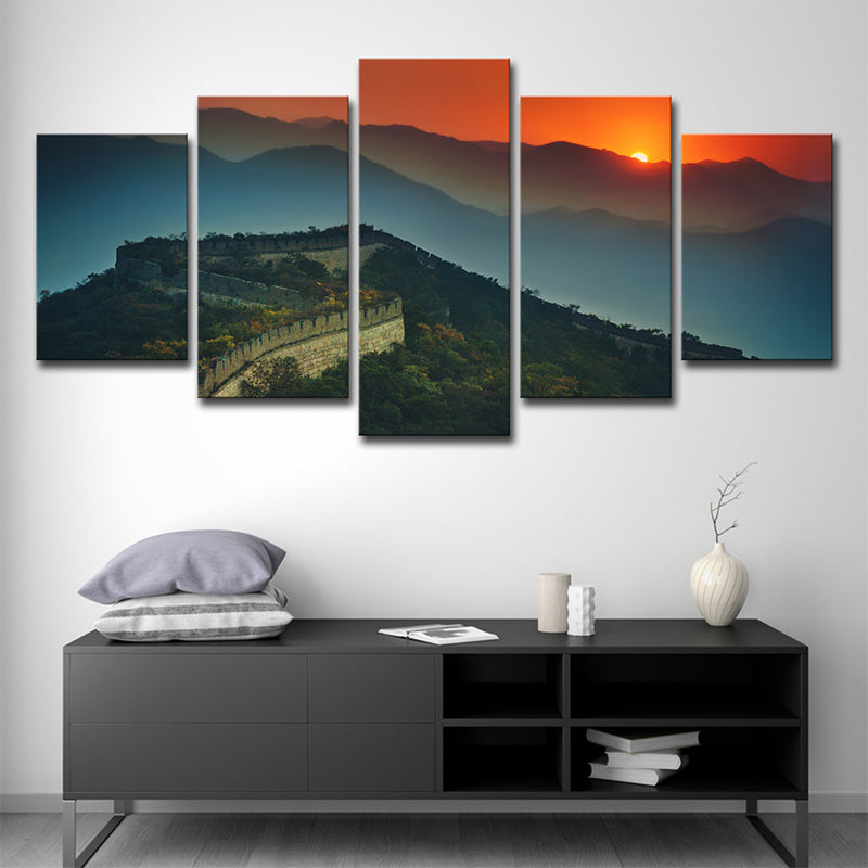 Global Inspired Canvas Print Dark Green the Great Wall Sundown View Wall Art