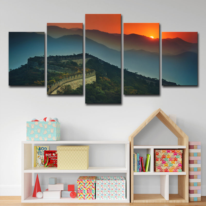 Global Inspired Canvas Print Dark Green the Great Wall Sundown View Wall Art