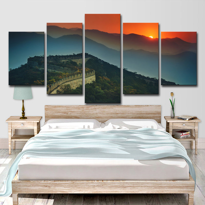 Global Inspired Canvas Print Dark Green the Great Wall Sundown View Wall Art