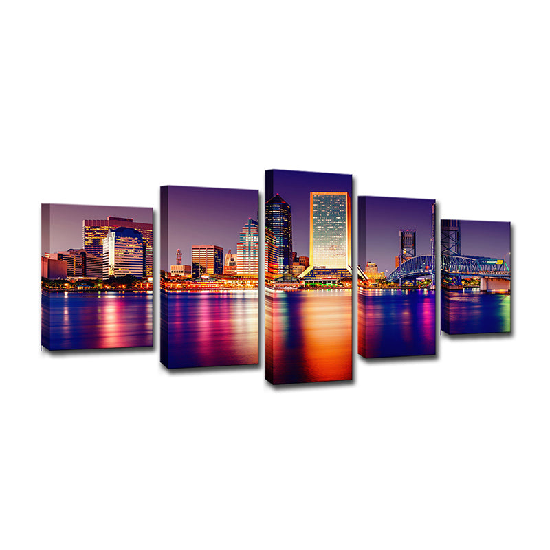 Modern Skyscraper Night Cityscape Canvas Purple Multi-Piece Wall Art Print for Home