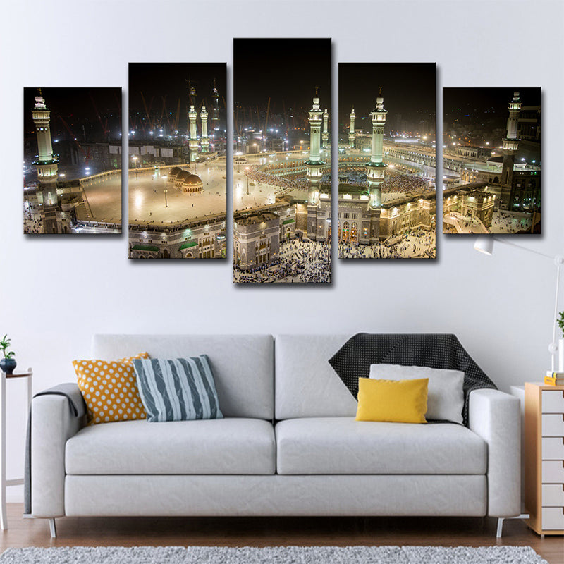 Multi-Piece Night Mosque View Art Print Modern Style Canvas Wall Decoration in Brown