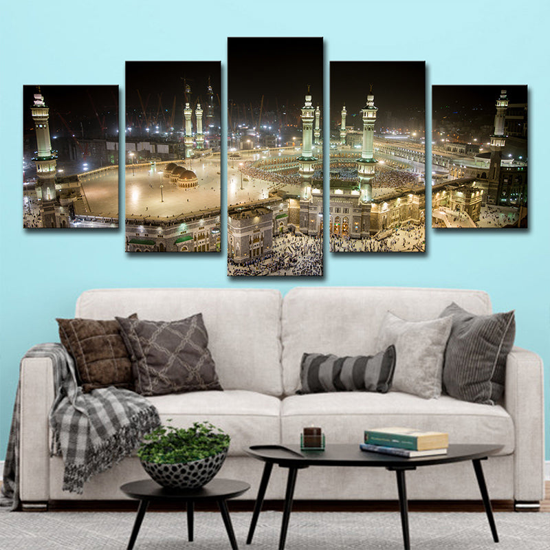 Multi-Piece Night Mosque View Art Print Modern Style Canvas Wall Decoration in Brown