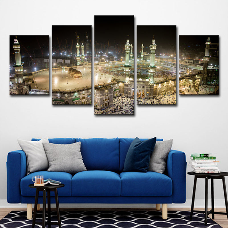 Multi-Piece Night Mosque View Art Print Modern Style Canvas Wall Decoration in Brown