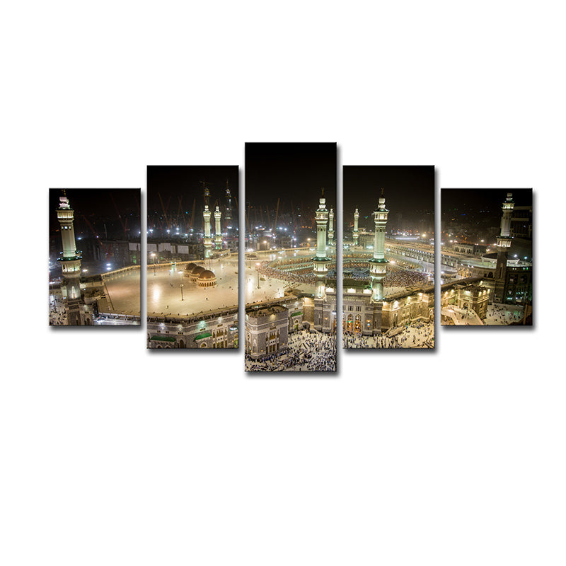 Multi-Piece Night Mosque View Art Print Modern Style Canvas Wall Decoration in Brown