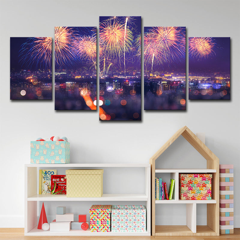 Fireworks Canvas Print Modernism Stunning City Night Scenery Wall Art in Purple