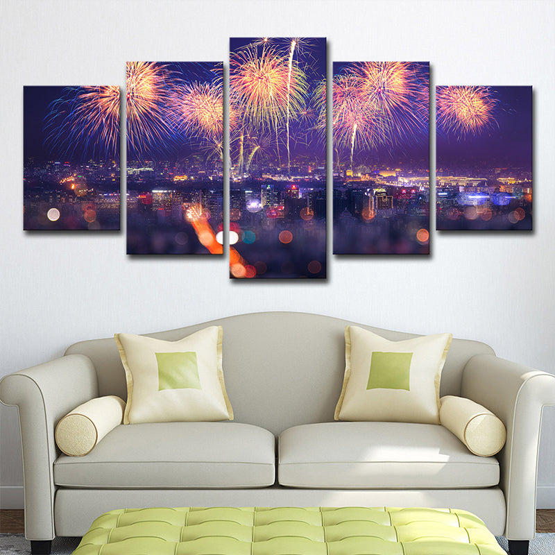 Fireworks Canvas Print Modernism Stunning City Night Scenery Wall Art in Purple